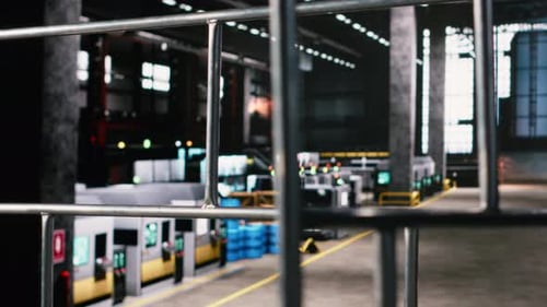 Large Factory Interior, Industrial Manufacturing Equipment with Sparks