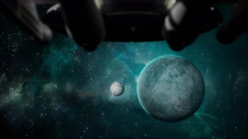 Futuristic Spacecraft Flying Past Planets in Deep Space