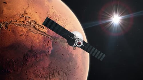 Space Satellite Orbiting Planet Mars with Bright Sun