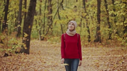 A Young Woman in a Red Sweater and Hat Walks with a Backpack in a Beautiful Autumn Forest The Dry