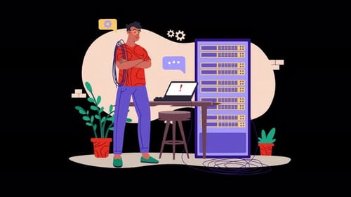 Person with server setup and cables in a tech environment