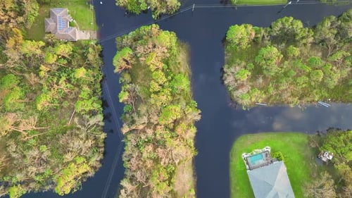 Flooded Houses By Hurricane Ian Rainfall in Florida Residential Area