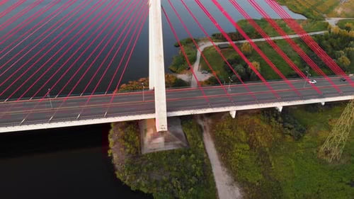 Aerial shot Cable-Stayed Bridge On A River In Gdansk, Poland