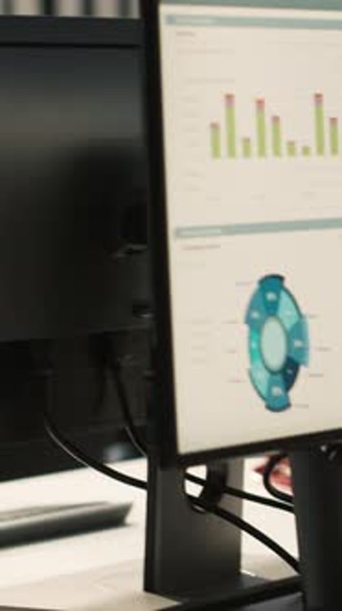 Vertical Video Financial Charts and KPI Metrics on Displays in Office