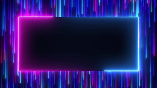 Abstrakter Neonlichtrahmen und Regen aus Partikeln und hellen Neonlinien, Bühne für Produktpräsentation