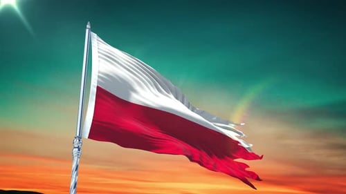 Majestic Waving Polish Flag in Cinematic Sunset Sky