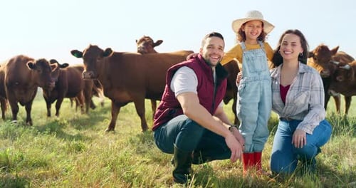 Farm, family and cattle with a girl, mother and father in a field outdoor on a ranch with cows