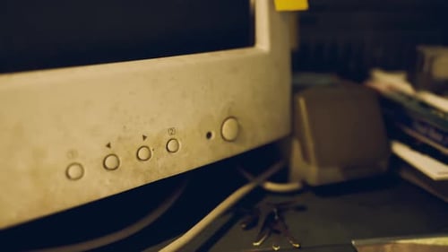 Old Computer Monitor with Buttons and Dust in a Cluttered Workspace
