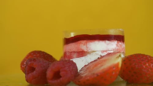Dessert with Strawberries and Raspberries Close Up