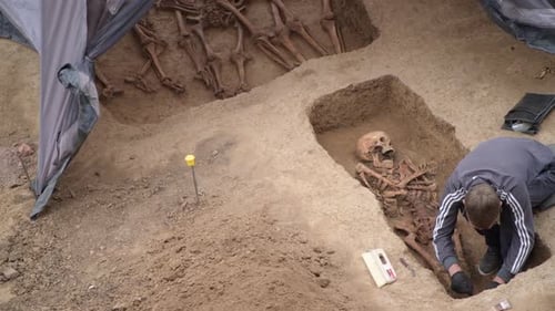 Young Archeologist Works on an Archaeological Site at Morning Sun Rays at Summer Heat