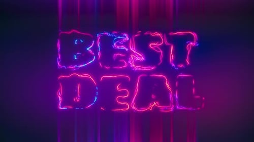 Best Deal uppercase text in colorful neon letters and lightnings. Loop 4K Background.