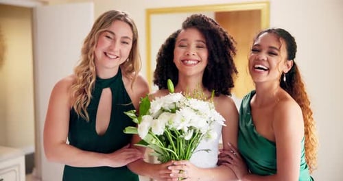 Happy women, bride and wedding with friends or bouquet of flowers for marriage