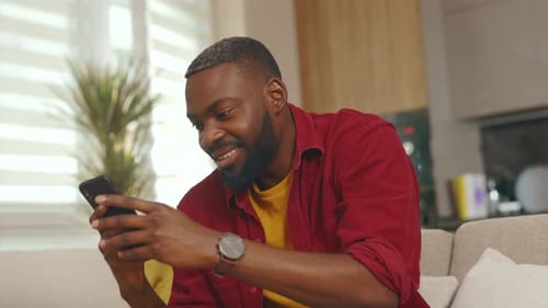 Cute Happy Young African American Man Use Phone Smiling Read Good News Sit on Sofa in Home