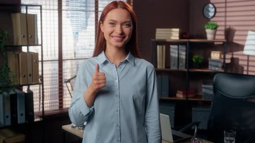 Close Up Business Female Showing Thumb Up Like Gesture Smiling Woman Businesswoman Girl Smile