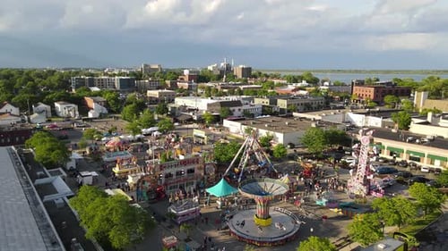 Wyandotte township and fun carnival in downtown, aerial drone view