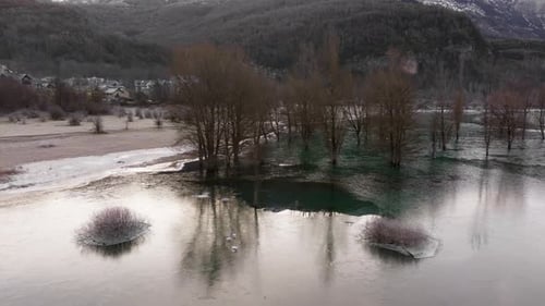 Frozen Lake Reflecting Bare Trees in Formigal Spain