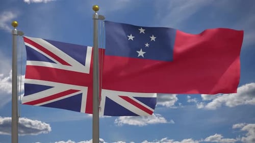 United Kingdom and Samoa Flags Waving in the Wind