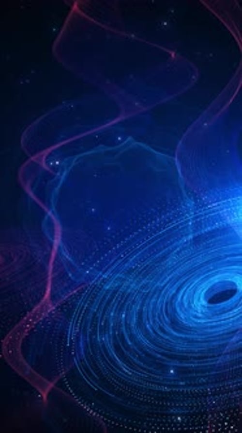 Abstract glowing wave data circle round space dots technology network. Technology blockchain connect