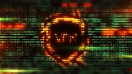 VPN Shield Protecting Data Stream on Digital Display with Green Binary Code