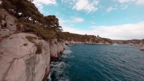 First person view fast close up shot around the coastline of Cassis (Marseille), France.