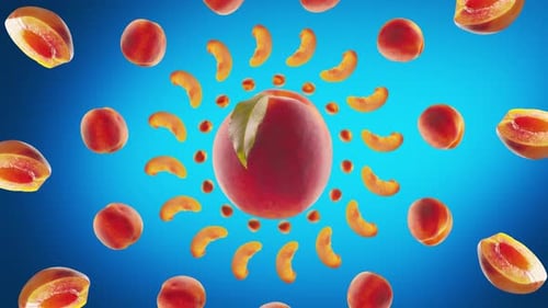 Dynamic 3D Peaches and Slices Floating on Blue Background