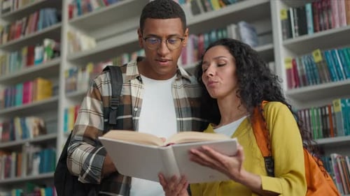 African American Man Hispanic Latina Woman Students Smile Reading Book Teamwork Library Knowledge