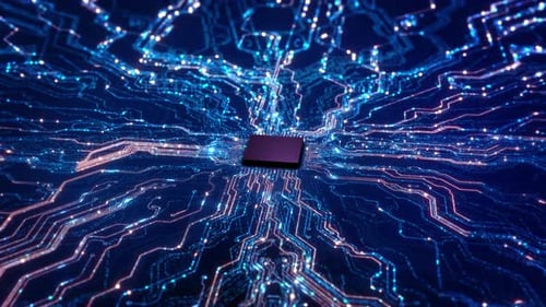 CPU-Prozessor mit künstlicher Intelligenz auf futuristischem Leiterplatten-Mikrochip, der blau leuchtet