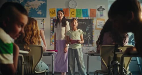 Female Teacher Presenting Elementary School Student Smart Girl Giving Presentation on Ecology