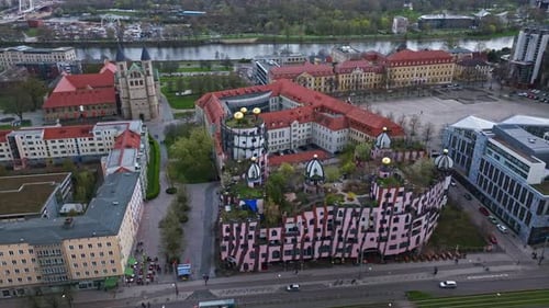 Vista aérea de la Ciudadela Verde (Grüne Zitadelle), Magdeburgo, Alemania
