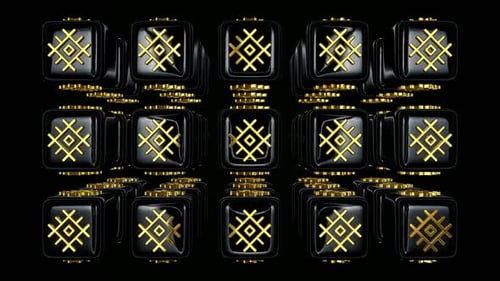 Animated Black Cubes with Golden Geometric Pattern Background