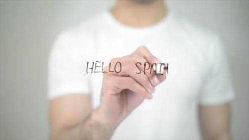 Hello Spain, Man Writing on Transparent Screen