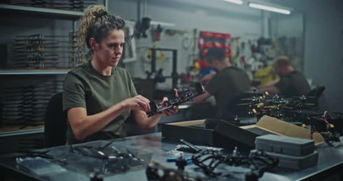 Une technicienne participe à l'assemblage manuel d'un Drone FPV moderne reliant un châssis de petites pièces