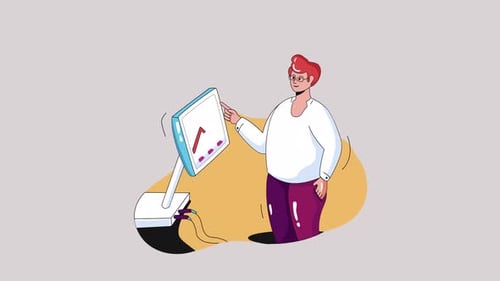 Animated Character Pointing to Growing Graph on Computer Screen