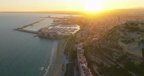 Establishing Shot Alicante Sunset Over the City Center of Alicante City Spain Aerial View of a