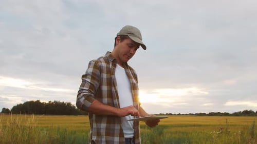 Farmer with a Tablet Computer in Front of a Sunset Agricultural Landscape Man in a Countryside Field