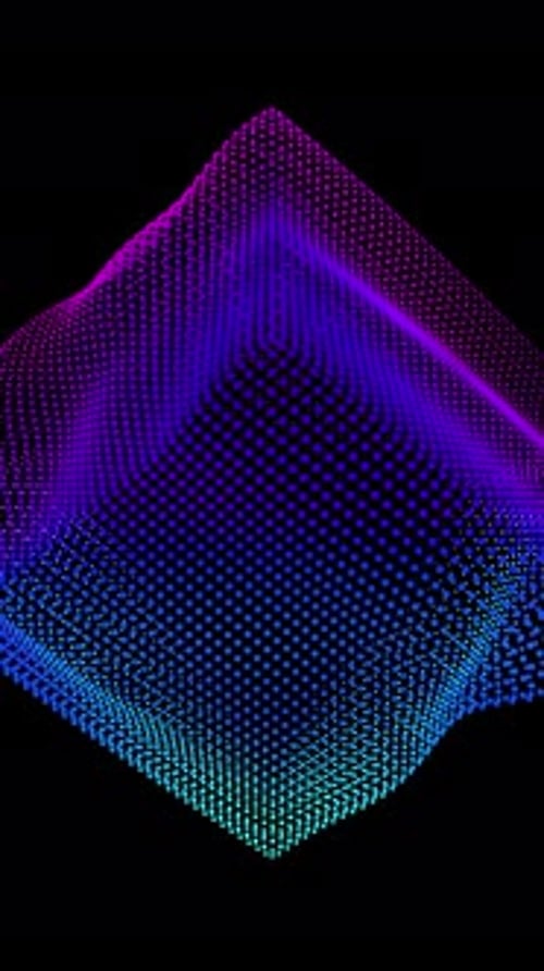 Ondas de distorsión en bucle en un cubo abstracto de partículas, datos digitales, salpicadura de caja, matriz de puntos