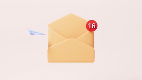 Caricatura de apertura del correo en fondo amarillo, representación 3D.