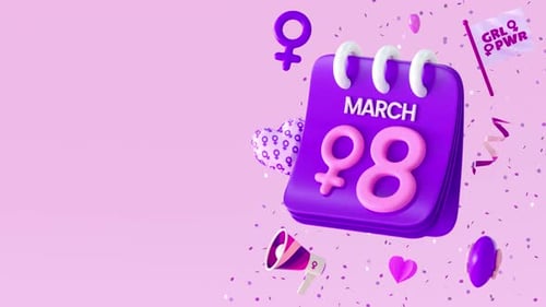 March 8 Women's Day Calendar Animation with Symbols and Confetti