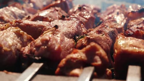 Juicy Shish Kabobs Cooking on Skewers