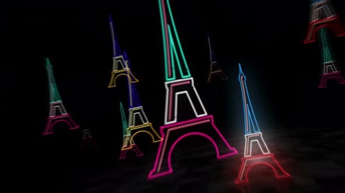Eiffel tower neon symbol 3d flight between