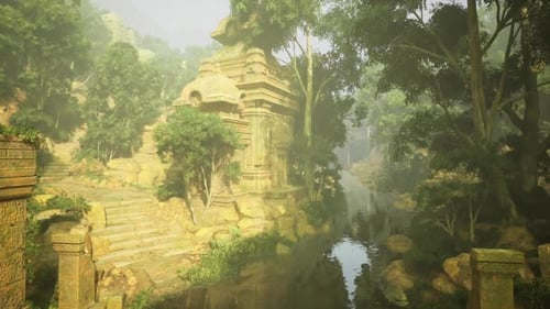 Serene Ruined Temple Surrounded By Lush Jungle and Flowing Water