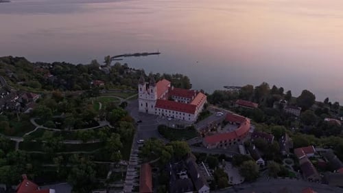 Aerial view of Tihany Abbey at sunrise, Hungary.