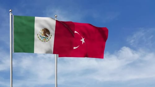 Mexico and Turkey Flags Waving Together Against a Blue Sky