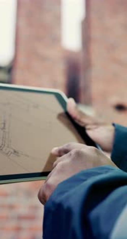 Blueprint, hands and tablet screen with man on construction site for development or planning