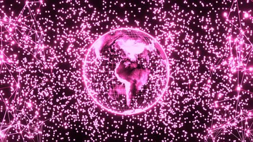 Tierra holográfica giratoria con plexo luminoso, partículas y puntos, en bucle