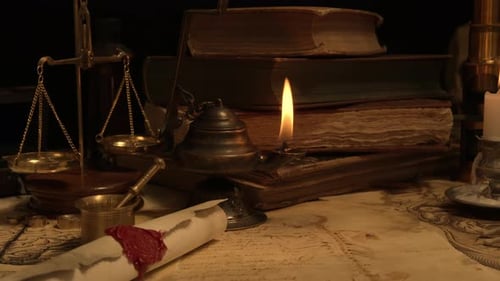 Antique Still Life with Books, Lamp, and Skull