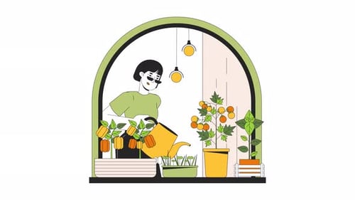 Flat Design Animation of Woman Watering Potted Plants