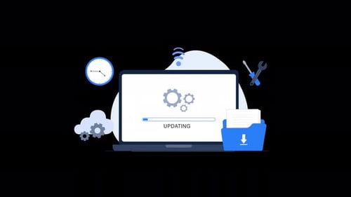 Laptop mit Fortschrittsleiste für die Aktualisierung. Animationsvideo zum Systemupdate — transparent