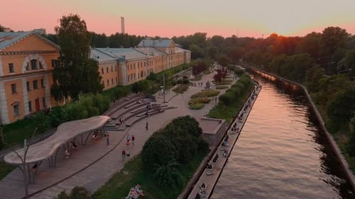 Aerial View of the Public Park of the Karpovka River Embankment in St