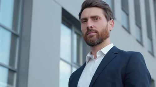 Portrait Caucasian Mature Business Man Smiling Looking at Camera in City Posing Successful Adult